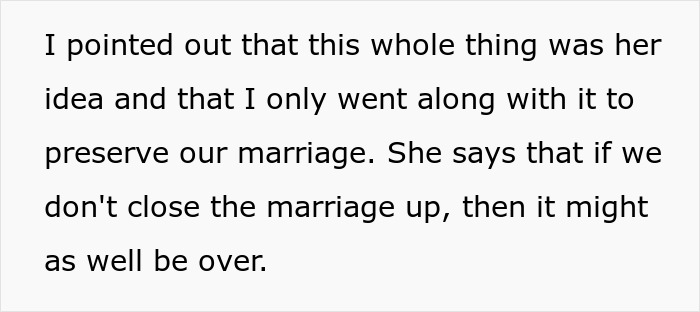 Text excerpt discussing a husband agreeing to an open marriage to preserve the relationship and reconnect with an ex. Text excerpt discussing a husband agreeing to an open marriage to preserve the relationship and reconnect with an ex.