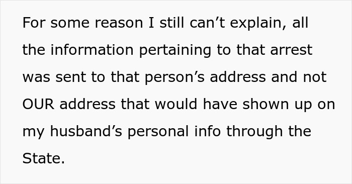 Text explaining confusion about arrest info sent to wrong address, related to mil refuse baby name issues.