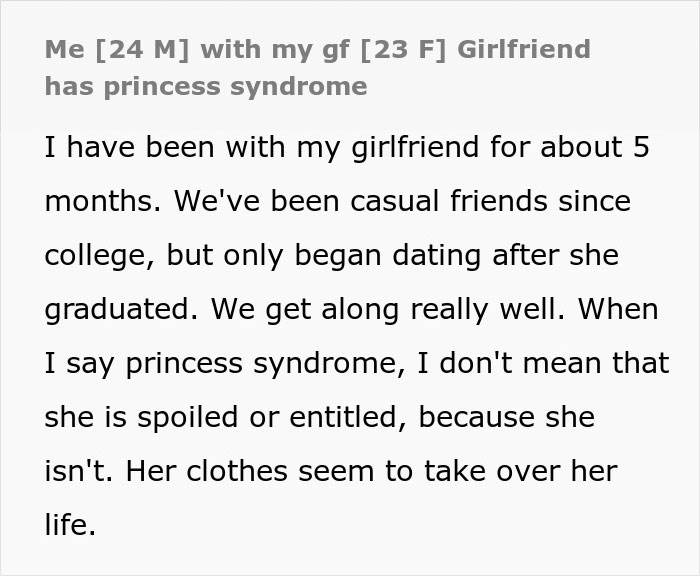 Text excerpt about a guy describing his girlfriend’s princess syndrome and reflecting on their relationship after breakup.