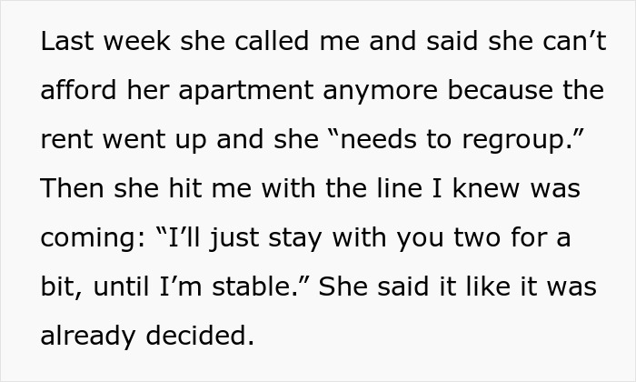 Text excerpt describing a religious mom asking to move in due to rent issues, causing guilt trips and stress. Text excerpt describing a religious mom asking to move in due to rent issues, causing guilt trips and stress.