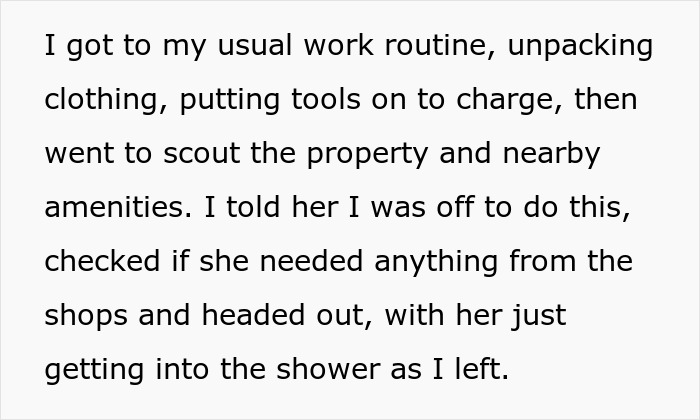 Text excerpt showing a man describing his usual work routine during a business trip, not a romantic getaway.