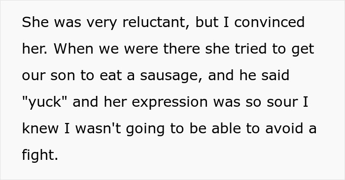 Text excerpt describing a reluctant woman trying to feed her son sausage, leading to tension and conflict in the family. Text excerpt describing a reluctant woman trying to feed her son sausage, leading to tension and conflict in the family.
