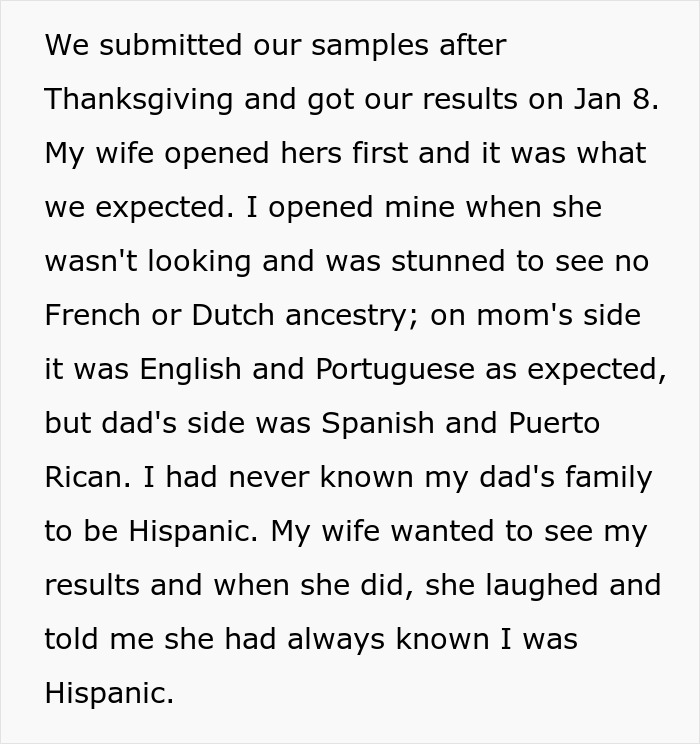 Man discovers secret family and Hispanic ancestry after wife pressures him to take a fun ancestry test.
