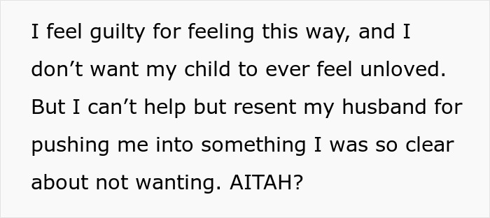 Text excerpt of a mom admitting she regrets becoming a parent, feels guilty and resentful toward her husband. Text excerpt of a mom admitting she regrets becoming a parent, feels guilty and resentful toward her husband.