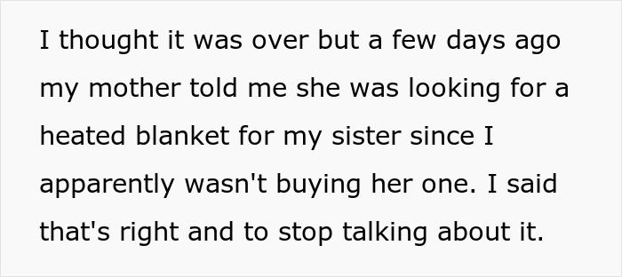 Screenshot of text: mother looking for a heated blanket for sister, family arguing over who should buy it Screenshot of text: mother looking for a heated blanket for sister, family arguing over who should buy it