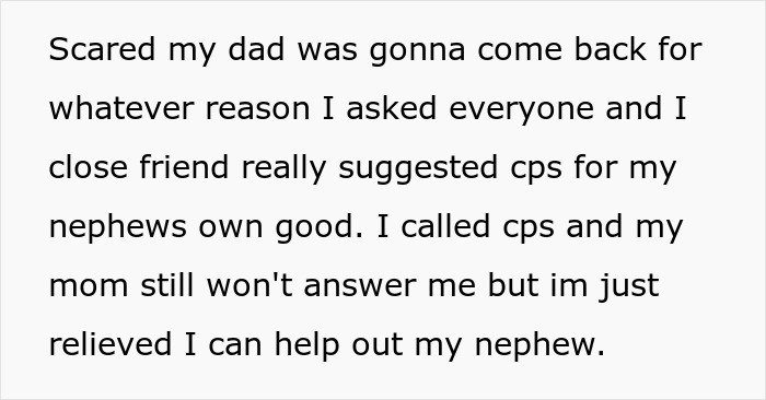 Text excerpt about calling CPS to protect nephew after mom's neglect, highlighting family conflict and child safety concerns.