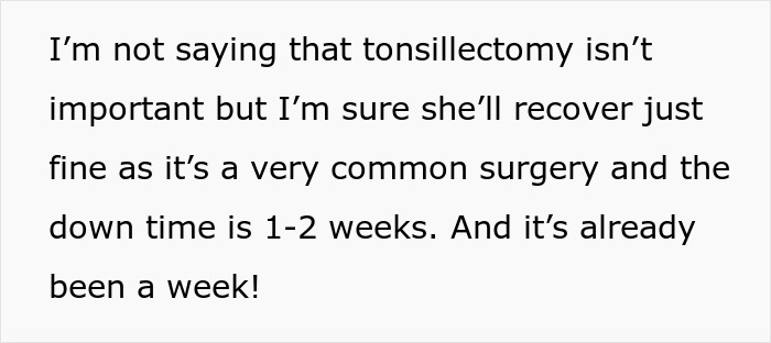 Text excerpt discussing tonsillectomy recovery time as part of wife’s concerns about husband and in-laws rudeness and disregard.