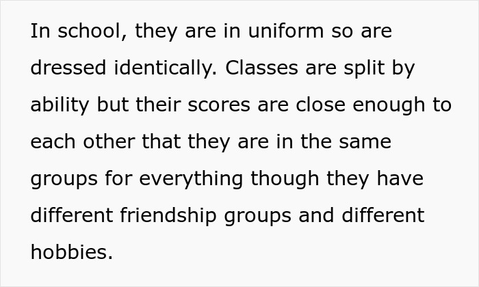 Text discussing twins in school wearing identical uniforms, with similar scores and shared group placements despite different friendships. Text discussing twins in school wearing identical uniforms, with similar scores and shared group placements despite different friendships.