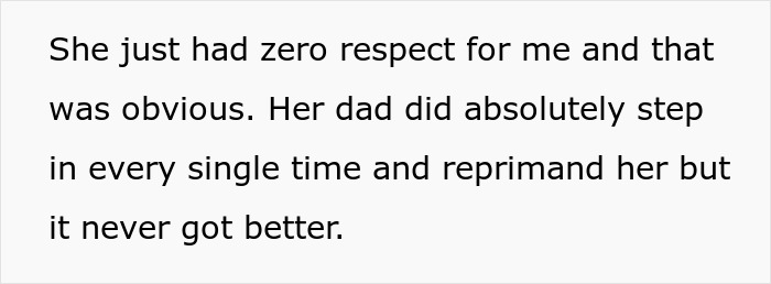 Text excerpt showing a woman explaining lack of respect from her fiancé’s stepdaughter and failed attempts to improve behavior. Text excerpt showing a woman explaining lack of respect from her fiancé’s stepdaughter and failed attempts to improve behavior.