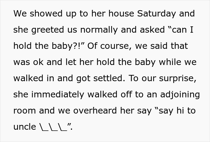 Text excerpt describing a surprising moment involving a mil refusing baby name while holding the baby at the house.