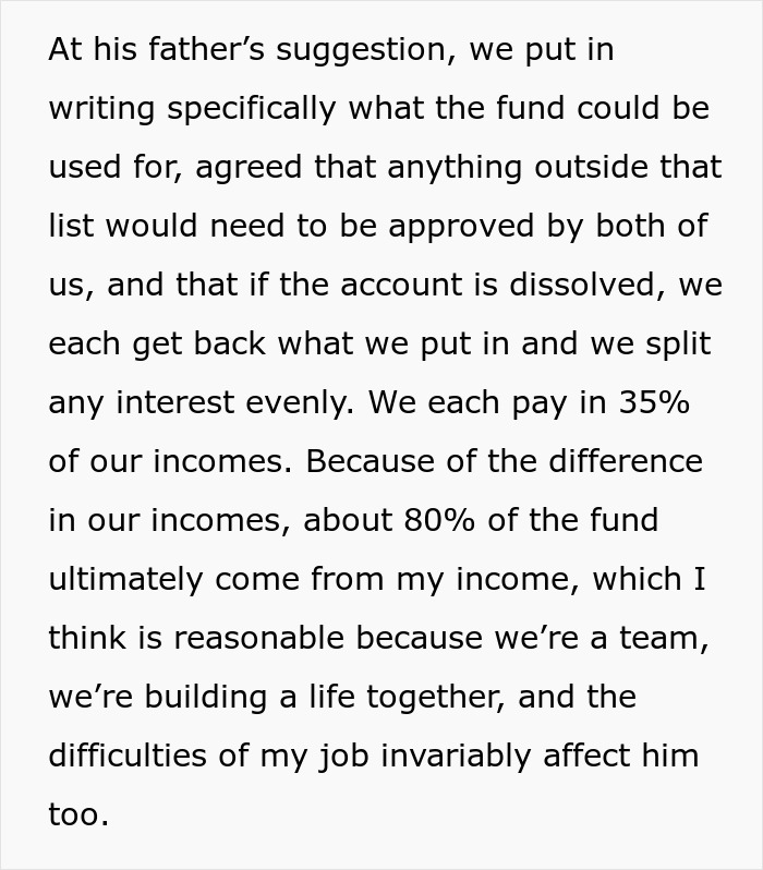Text excerpt explaining fiance and friend managing wedding money with agreed contributions and fund usage rules. Text excerpt explaining fiance and friend managing wedding money with agreed contributions and fund usage rules.