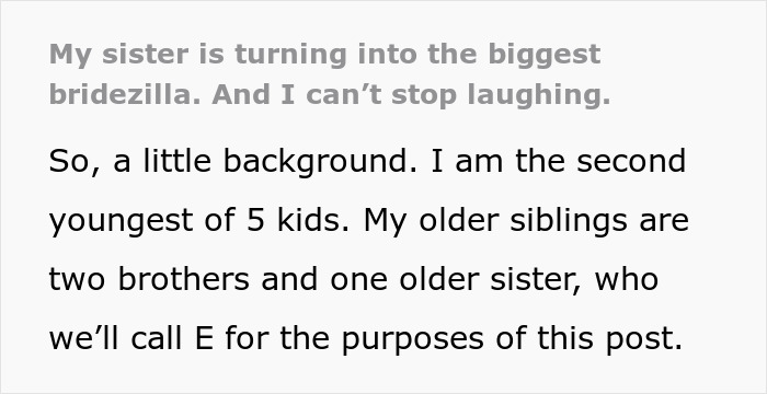 Text excerpt about a sister turning into a bridezilla causing family tension and messy dynamics.