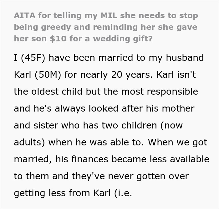 Text excerpt about a greedy MIL and the wedding gift money given to her son by Karl and his wife.