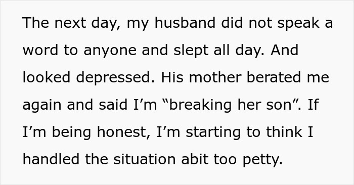 Text showing a wife reflecting on her husband&rsquo;s tantrum and his mother&rsquo;s reaction, feeling she may have been too petty.