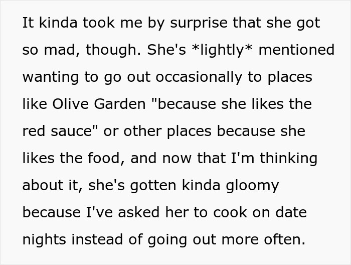 Text excerpt about a chef girlfriend and boyfriend not going to restaurants, discussing home-cooked date nights. Text excerpt about a chef girlfriend and boyfriend not going to restaurants, discussing home-cooked date nights.