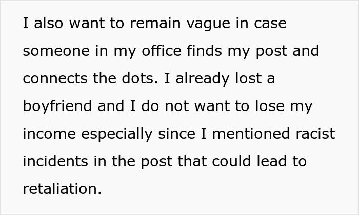 Screenshot of typed note about staying vague after losing a boyfriend and fearing retaliation over a racist gift mention Screenshot of typed note about staying vague after losing a boyfriend and fearing retaliation over a racist gift mention