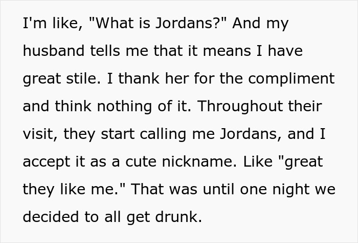 Text excerpt showing a woman revealing her husband's family are lying snobs through a simple switch during a family visit. Text excerpt showing a woman revealing her husband's family are lying snobs through a simple switch during a family visit.