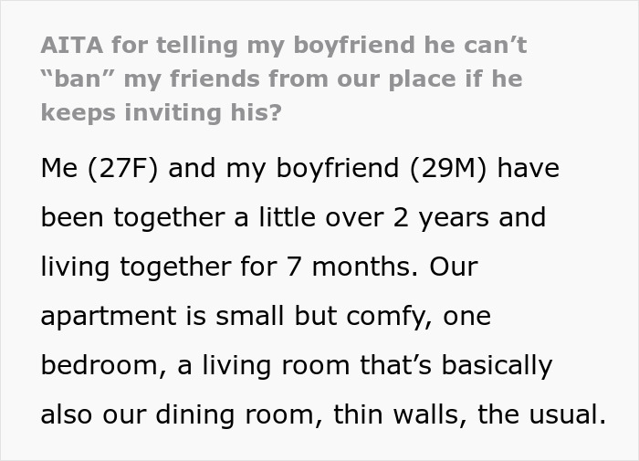 Screenshot of forum post about boyfriend ban friends relationship dispute, paragraph text on light gray background. Screenshot of forum post about boyfriend ban friends relationship dispute, paragraph text on light gray background.