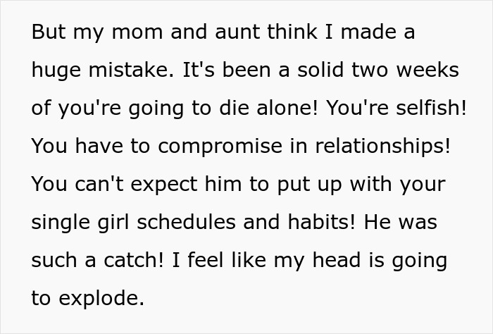 Text excerpt showing family criticizing breakup, woman missing boyfriend red flags over 18 months in a plain paragraph.