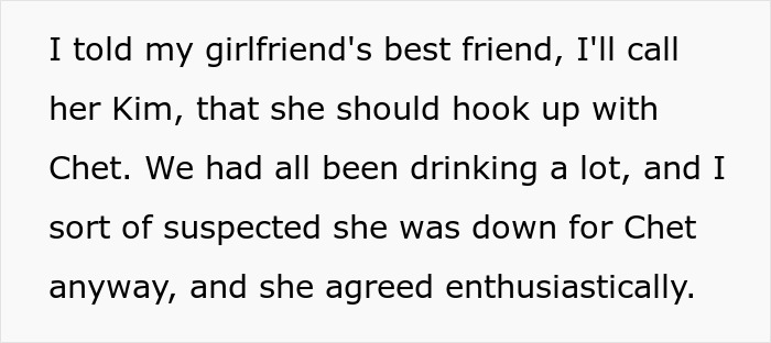 Text excerpt showing a guy suspecting his girlfriend is cheating with his roommate and involving her best friend.