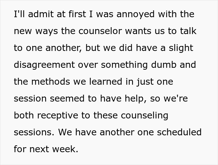 Text excerpt about a couple attending counseling sessions to improve communication after a disagreement.
