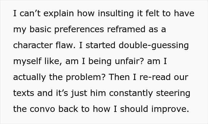 Text about woman feeling insulted as her boundaries become therapy battles in a difficult relationship conversation.