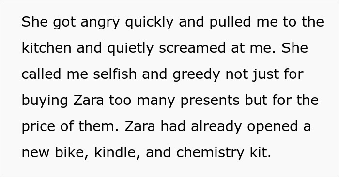 Text excerpt about daughter receiving many presents and half-brother getting only one gift at Christmas.