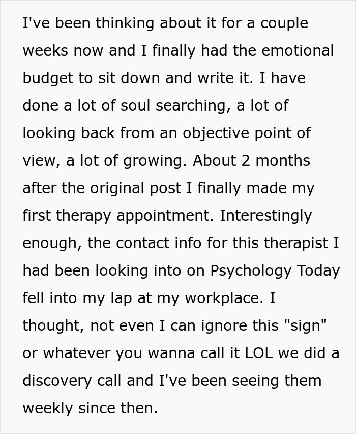 Text excerpt about soul searching and therapy appointment after deciding to live life like her husband causing his frustration.