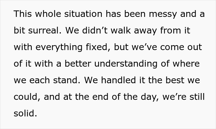 Text excerpt discussing a man feeling torn between his husband and mother-in-law after secretly helping her.