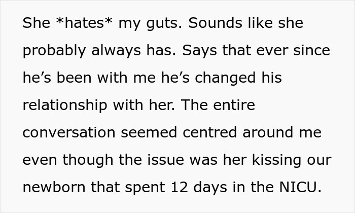 Woman worried about MIL keeps kissing newborn infant who spent 12 days in the NICU, causing family tension.