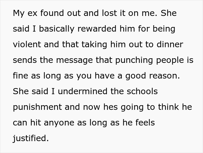 Alt text: Dad takes son out to celebrate after he punches a bully, ex wife disagrees with rewarding violence message. Alt text: Dad takes son out to celebrate after he punches a bully, ex wife disagrees with rewarding violence message.