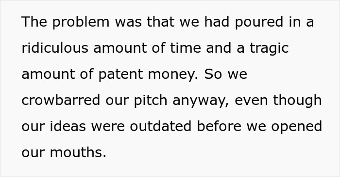 Text excerpt discussing challenges with patent money and delivering a pitch for a restaurant patent idea. Text excerpt discussing challenges with patent money and delivering a pitch for a restaurant patent idea.