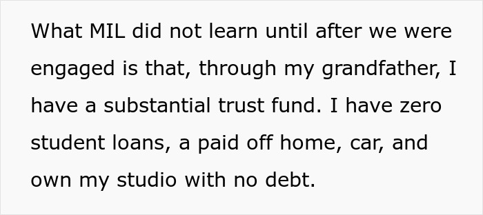 Text excerpt revealing a woman&rsquo;s financial independence through a trust fund and debt-free assets.