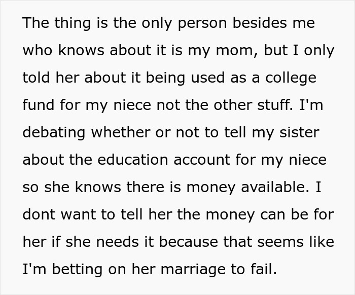 Text about a woman secretly starting a fund for her sister who became a tradwife, debating telling her. Text about a woman secretly starting a fund for her sister who became a tradwife, debating telling her.