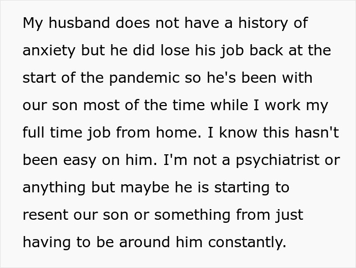 Text excerpt discussing a husband’s anxiety, job loss, and time spent with their son during the pandemic. Text excerpt discussing a husband’s anxiety, job loss, and time spent with their son during the pandemic.