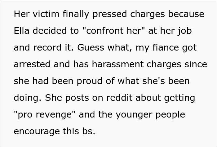 Text message describing a fiancee’s obsession with her bully leading to harassment charges and relationship problems. Text message describing a fiancee’s obsession with her bully leading to harassment charges and relationship problems.