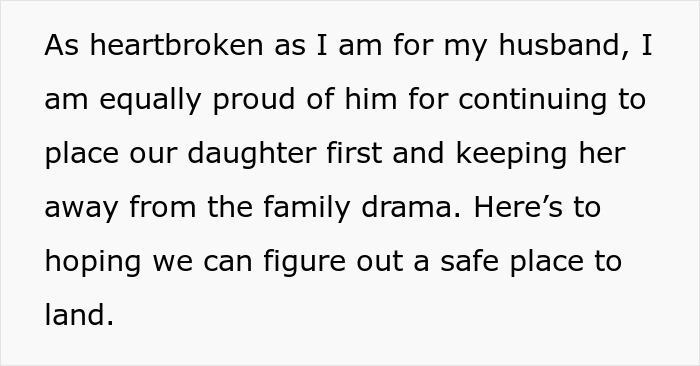 Text about being heartbroken but proud of husband for placing daughter first and avoiding family drama, related to mil refuse baby name.