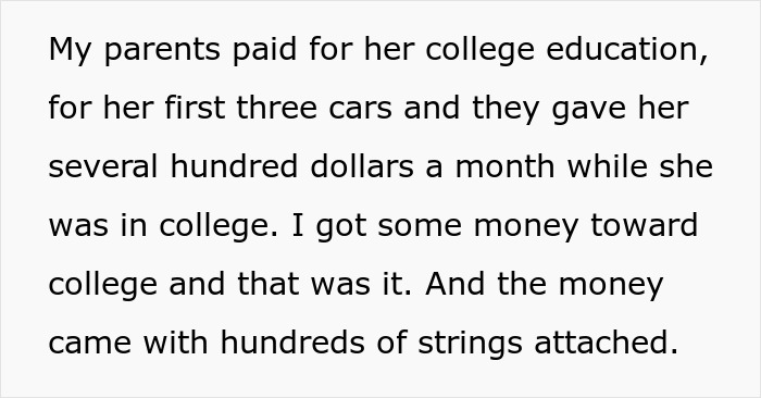 Text excerpt from golden child telling sister's fiance he could do better while parents watch, showing financial favoritism in family conflict. Text excerpt from golden child telling sister's fiance he could do better while parents watch, showing financial favoritism in family conflict.