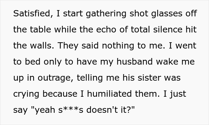 Text excerpt showing a woman proving husband's family is lying snobs by humiliating them with a simple switch. Text excerpt showing a woman proving husband's family is lying snobs by humiliating them with a simple switch.