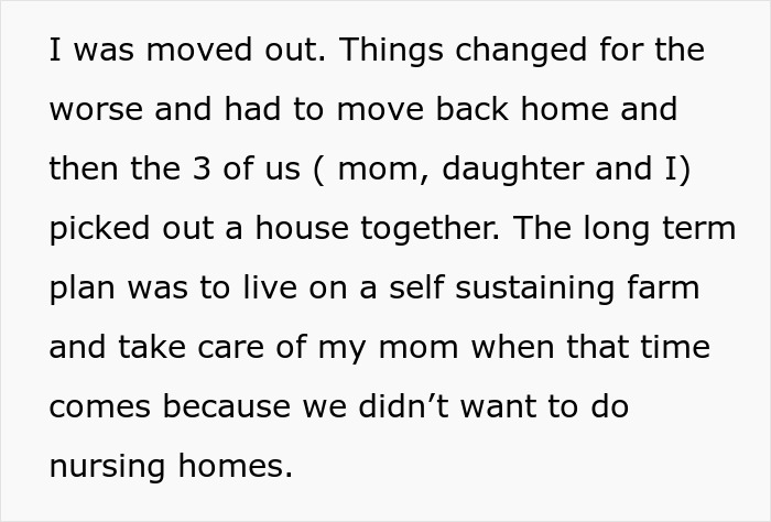 Text excerpt about moving back home and planning a self-sustaining farm to care for mom, involving woman and daughter. Text excerpt about moving back home and planning a self-sustaining farm to care for mom, involving woman and daughter.