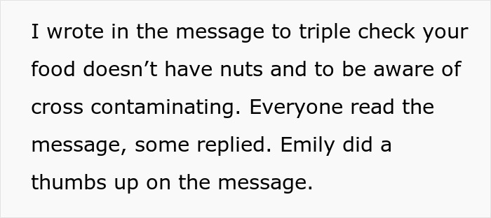 Text message warning about food allergy restrictions and preventing cross-contamination at a party event.