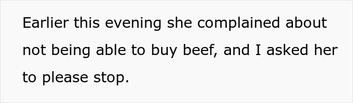 Text excerpt showing a woman complaining about not being able to buy beef while staying with her sister-in-law for free.