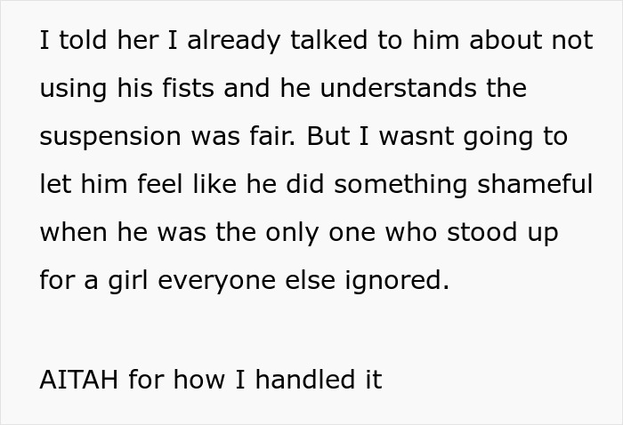 Text excerpt discussing a dad addressing his son punching a bully and standing up for a girl, amid ex wife disagreement. Text excerpt discussing a dad addressing his son punching a bully and standing up for a girl, amid ex wife disagreement.