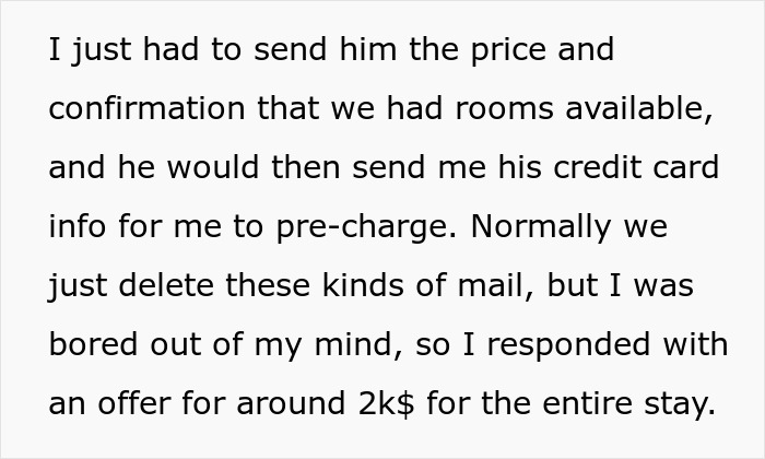 Text excerpt showing hotel receptionist discussing a scammer’s $2k laundering attempt and credit card pre-charge scheme.
