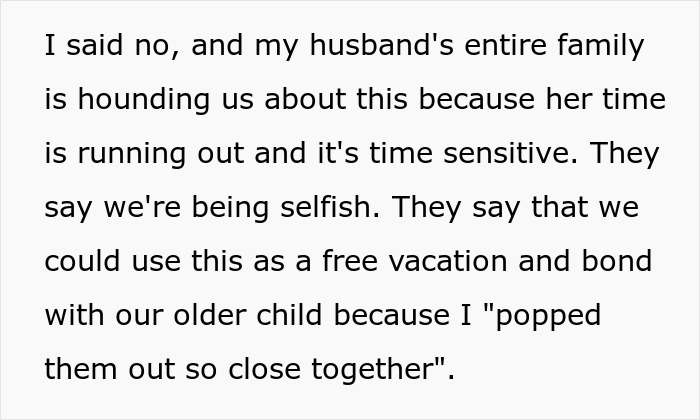Text excerpt about cousin with cancer wanting to borrow baby, facing family pressure over time-sensitive request. Text excerpt about cousin with cancer wanting to borrow baby, facing family pressure over time-sensitive request.