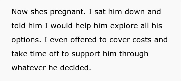 Text excerpt discussing son impregnating girlfriend and exploring living situation options with support offered.