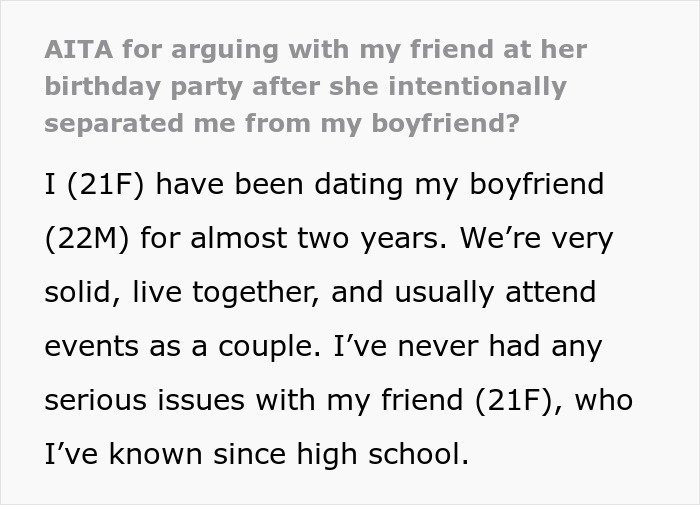 Text excerpt discussing a birthday host excluding bestie’s boyfriend from the party table, sparking drama and conflict. Text excerpt discussing a birthday host excluding bestie’s boyfriend from the party table, sparking drama and conflict.