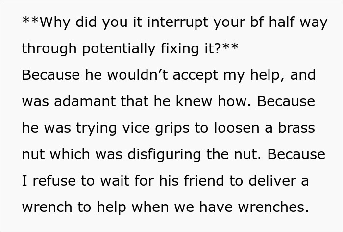 Text excerpt discussing a woman ready to dump her boyfriend who feels emasculated when she fixes things. Text excerpt discussing a woman ready to dump her boyfriend who feels emasculated when she fixes things.