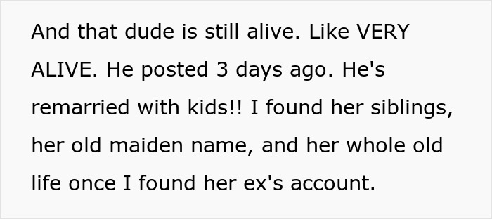 Text showing a Venmo search revealing a fiancée's fabricated past, including her widow status and ex's details. Text showing a Venmo search revealing a fiancée's fabricated past, including her widow status and ex's details.