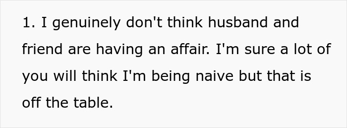 Text excerpt discussing doubts about husband and friend having an affair, exploring relationship concerns.